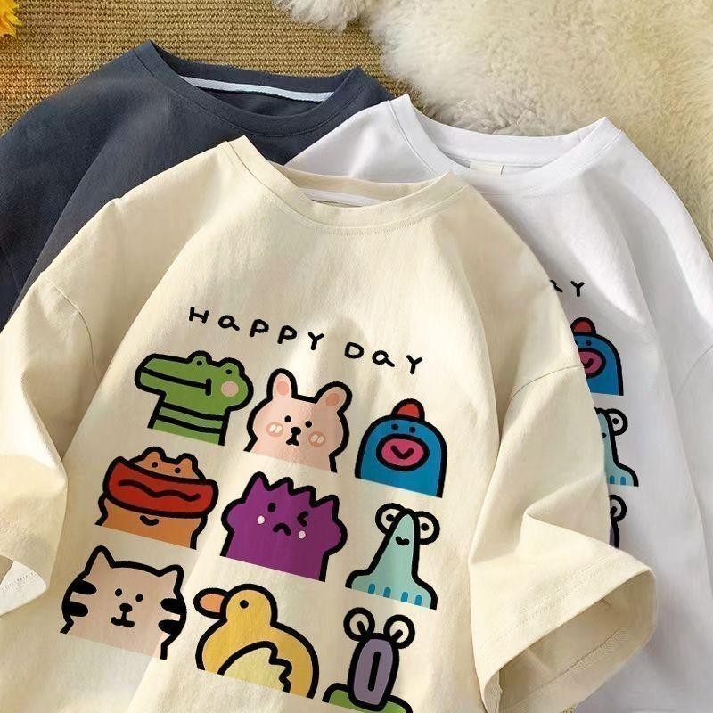 Basi💥 ผู้หญิง เสื้อยืด oversize เกรดพรีเมียม เสื้อคอตตอน100% ไม่หดตัว ใส่สบาย การ์ตูนน่ารัก ลาย "HAPPY DAY"