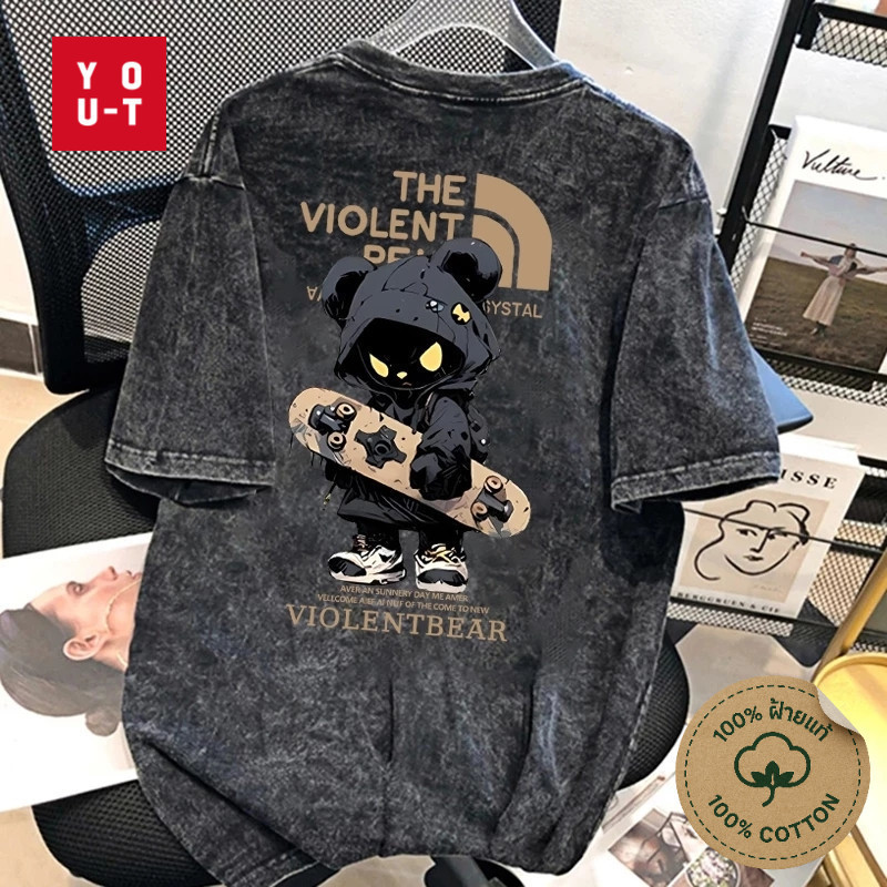 Y-T เสื้อยืด เสื้อยืดฟอก🌟 ไม่หดตัว oversize ผ้าฝ้าย100%⚡ ลาย “THE NICLONT” เสื้อวินเทจ สวมใส่สบาย  ยูนิเซ็กส์ แนวสตรีท