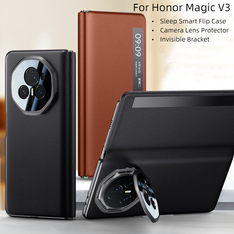 Luxury Sleeping Build Smart View Flip Leather Case สําหรับ Honor Magic V3 เคสโทรศัพท์ที่มองไม่เห็น B