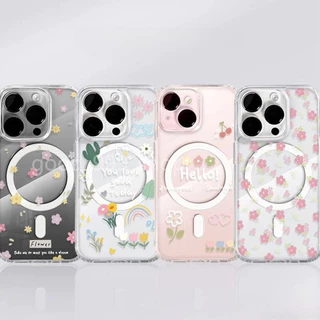 สำหรับ iPhone17 16 เคส iPhone 11 เสริมสร้างแม่เหล็กอะคริลิคใสกระดานแข็ง TPU กรอบนุ่มกันกระแทก ดอกไม้14 13 12 15 7P XS XR