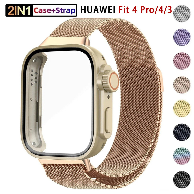 Band + เคสกระจกและสาย Milanese สําหรับ Huawei Watch Fit 4 pro สร้อยข้อมือแม่เหล็กสแตนเลสสําหรับ Huawei Watch Fit 4/3 เคสป้องกันหน้าจอ