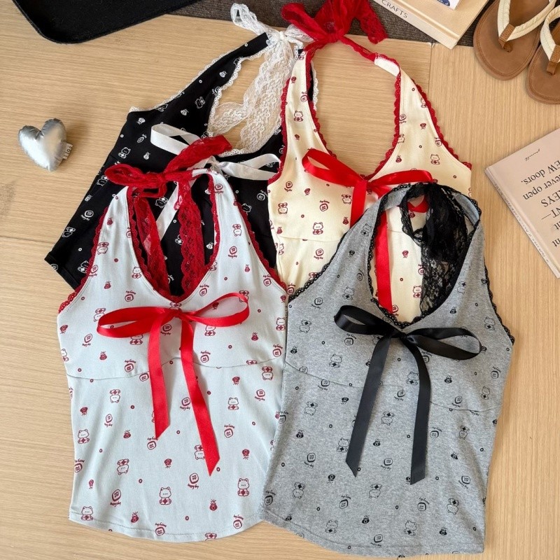 Mini shop🌸พร้อมส่ง🌸(FY1849) เสื้อคล้องคอ ลายการ์ตูน ใส่สบาย สีพื้น สไตล์น่ารัก ยืดพอดีตัว - รูปที่ 6