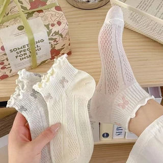 2025 ฤดูร้อน стильใหม่ตาข่ายระบายอากาศถุงเท้าโบว์ผู้หญิงสีทึบบางหวานลูกไม้บัลเล่ต์