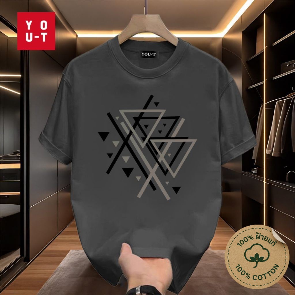 Y-T💯เสื้อยืดชาย เสื้อยืด oversize ผ้าฝ้าย100% ไม่ต้องรีดผ้า สวมใส่สบาย วินเทจ ผ้านิ่ม ลาย "Triangle" แนวสตรีท