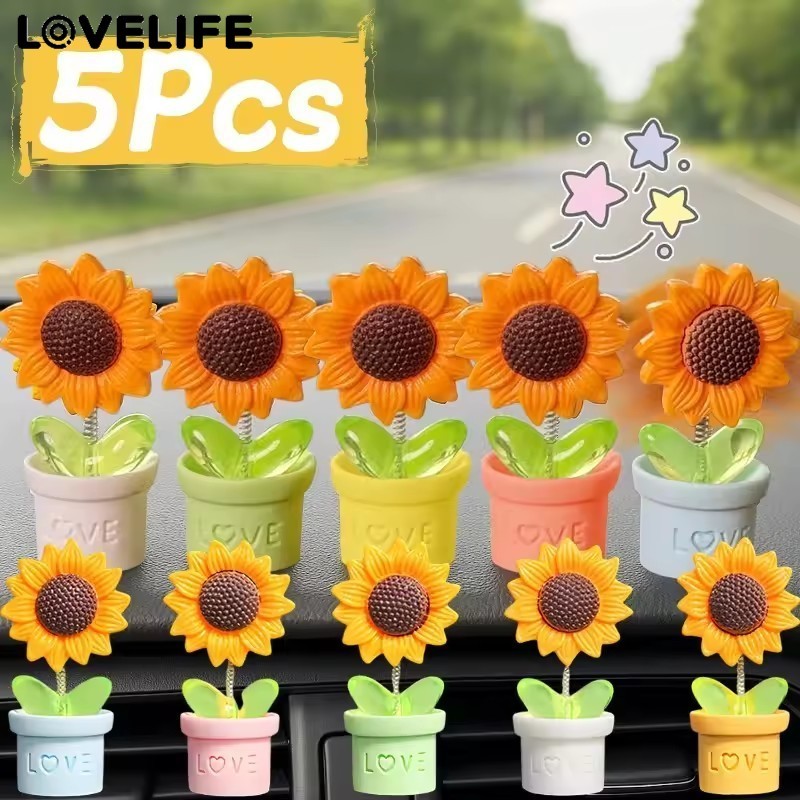 [AUTO & 3C] 1/5 ชิ้นตกแต่งรถดอกทานตะวัน - แกว่งเครื่องประดับเรซินสําหรับแดชบอร์ด/คอนโซลกลาง, อุปกรณ์ตกแต่งภายในรถหลากสี