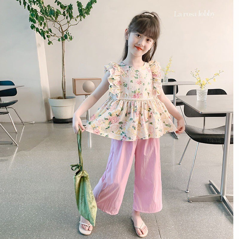 ชุดเซตเด็กผู้หญิง เสื้อพร้อมกาวเกง ชุดเด็กผู้หญิงน่ารัก สีสันสดใส เสื้อลายดอก กางเกงผ้าไหม เหมาะสำหรับฤดูร้อน ผ้าใส่สบาย - รูปที่ 6