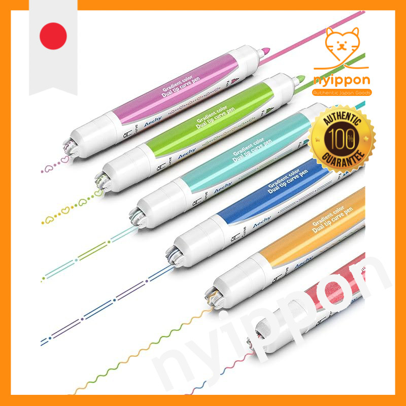 Aechy Curve Pen 2-Color Line Pen Water-Based Twin Marker Pen Roller Stamp & Felt Tip 6-Color Pen Set
