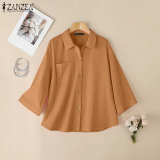 ZANZEA ซานเซีย แฟชั่นสตรีเกาหลีลําลองพลิกคอแขนเสื้อสีบริสุทธิ์
