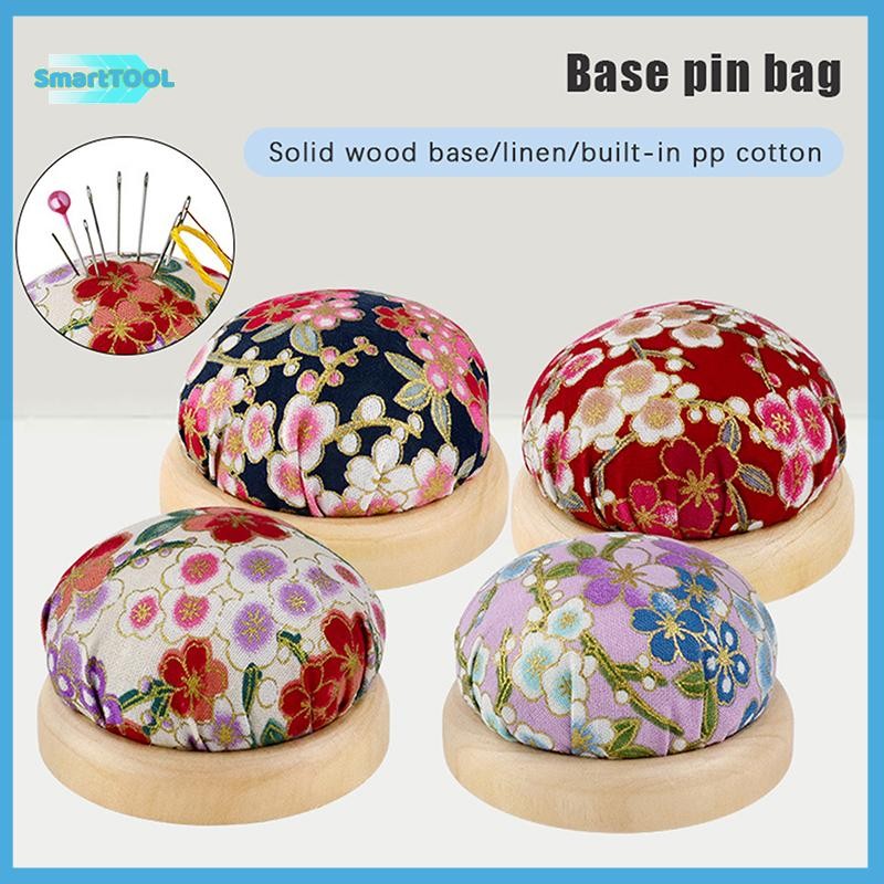 UTZN> Vintage เย็บปักถักร้อย Pin Cushions ครึ่งรอบ Pin Pad ฐานไม้ผู้ถือเข็มสําหรับ DIY Craft เย็บอุปกรณ์เสริมใหม่