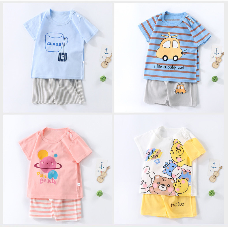 ((73-130 ขนาด) พร้อมสต็อกฤดูร้อนผ้าฝ้ายแท้ชุดเด็กชายหญิงแขนสั้นเสื้อยืดกางเกงขาสั้นชุดสองชิ้น
