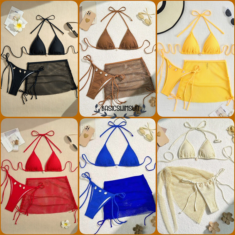 🧡Basic swimsuit💛ชุดว่ายน้ําบิกินี่ ชุดบิกินี่ 3 ชิ้น  ผูกคอ มีฟองน้ำ ตกแต่งด้วยเปลือกหอย ส่งไวจากไทย