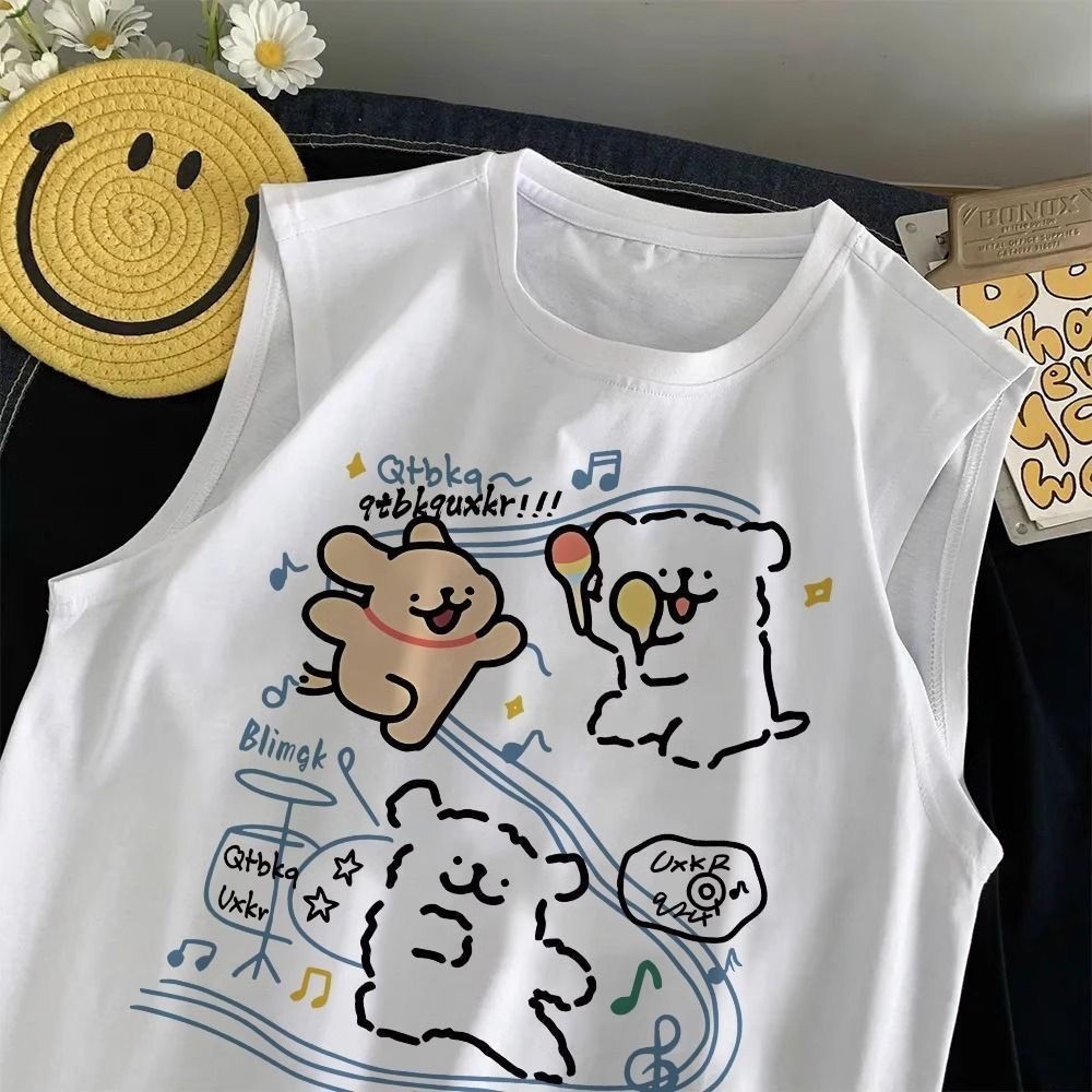NEW แขนกุดสกรีนลายน่ารัก สีขาว เสื้อแขนกุดผู้หญิง OP-1101