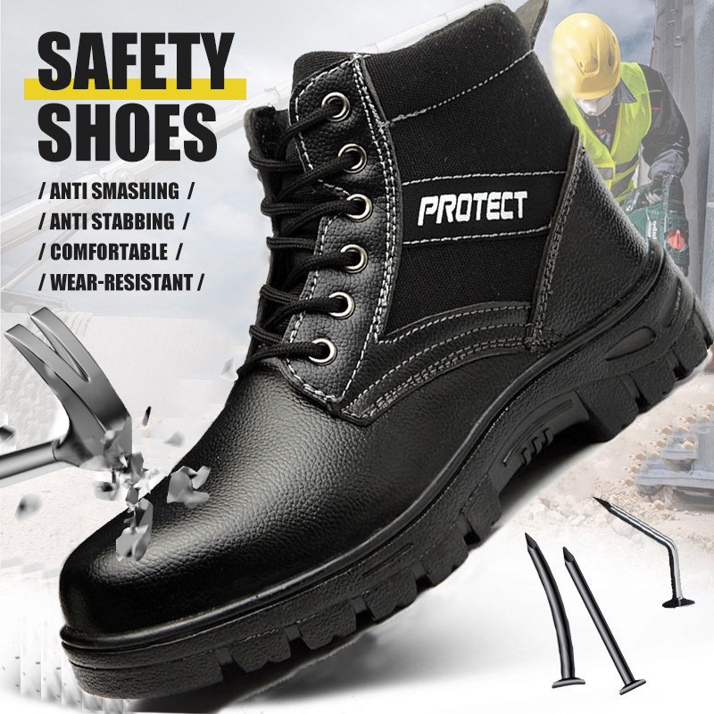 รองเท้านิรภัยสีดำ / รองเท้าผ้าใบหัวเหล็ก / กันกระแทกและป้องกันการเจาะ / ป้องกันการลื่นไถล / ขายส่ง