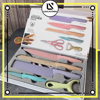 Set Pisau Dapur 6 in 1 Stainless Steel Anti Lengket Lapisan Keramik Corak Jerami Pastel
