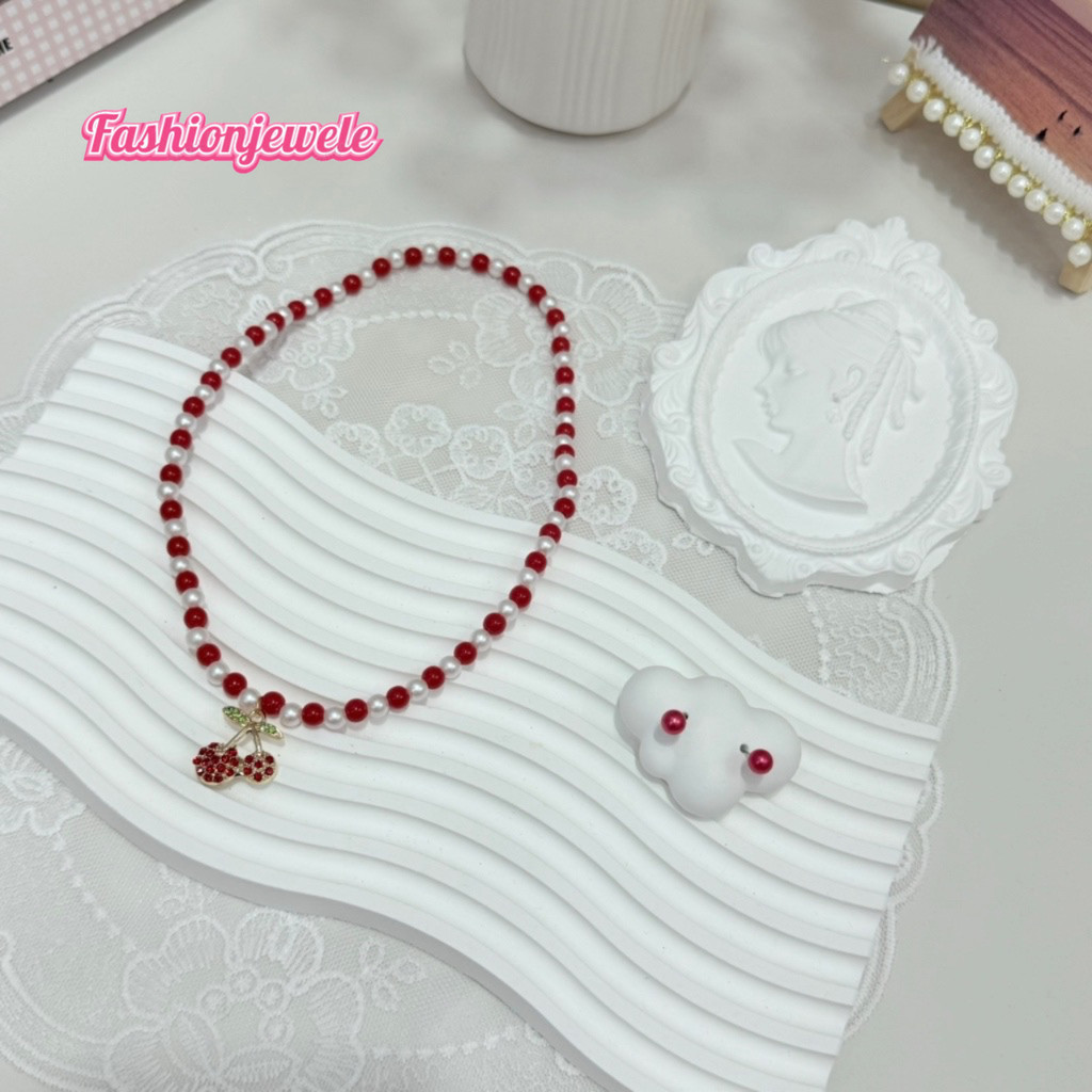 Fashion jewele สร้อยคอลูกปัดจี้เชอรี่ โชกเกอร์ จี้ลูกปัดไข่มุก แฟชั่นฤดูร้อน พร้อมส่งในไทย
