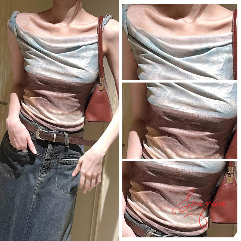 ย้อมน้ำมันวาดตาข่ายเสื้อกั๊กผิดปกติสั้น Camisole ผู้หญิงฤดูร้อนปิดไหล่หวานร้อนด้านบน SY - รูปที่ 4