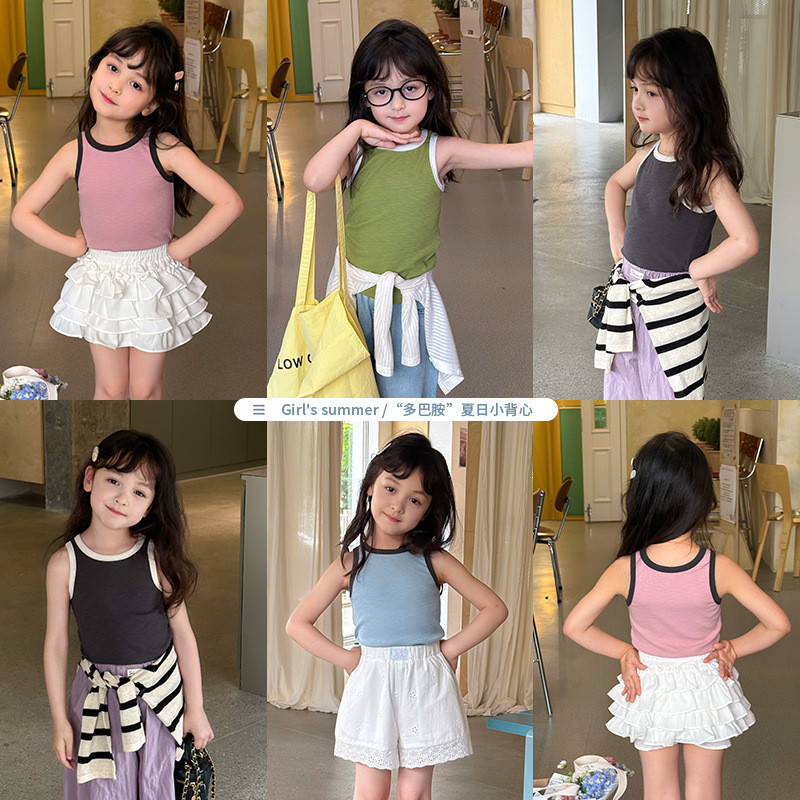 สาวตัวเล็กขนาดใหญ่กลางสไตล์เกาหลี โดปามีน แขนกุดด้านบนเด็กแฟชั่นสดชื่นสีคมชัดเสื้อกั๊กขนาดเล็กอินเทรนด์