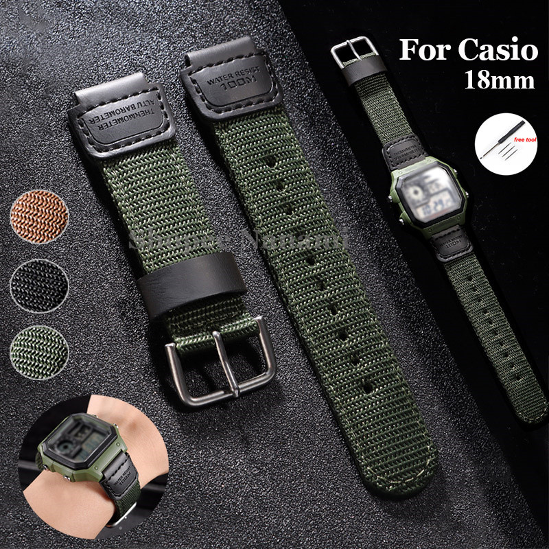 ผ้าใบไนลอนกีฬานาฬิกา 18 มม.สําหรับ Casio AE1200 SGW300 AQ-S810W AQS800W W216H W800H นาฬิกาผู้ชายผู้หญิงสร้อยข้อมืออุปกรณ์เสริม