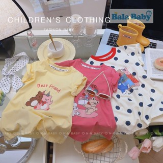 ชุดเดรสเด็กผู้หญิง เดรสเด็ก แฟชั่นกระโปรงแขนสั้นลายการ์ตูนน่…