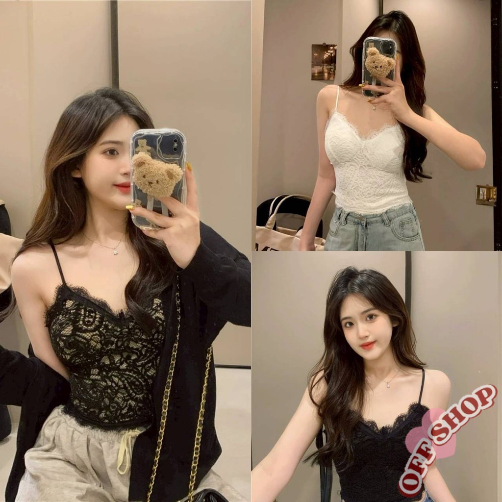 OFF SHOP 🥻ใหม่ 2025 มีฟองน้ำ เสื้อสายเดี่ยวแต่งลูกไม้สีพื้น ใส่ง่ายสบาย ' FY858