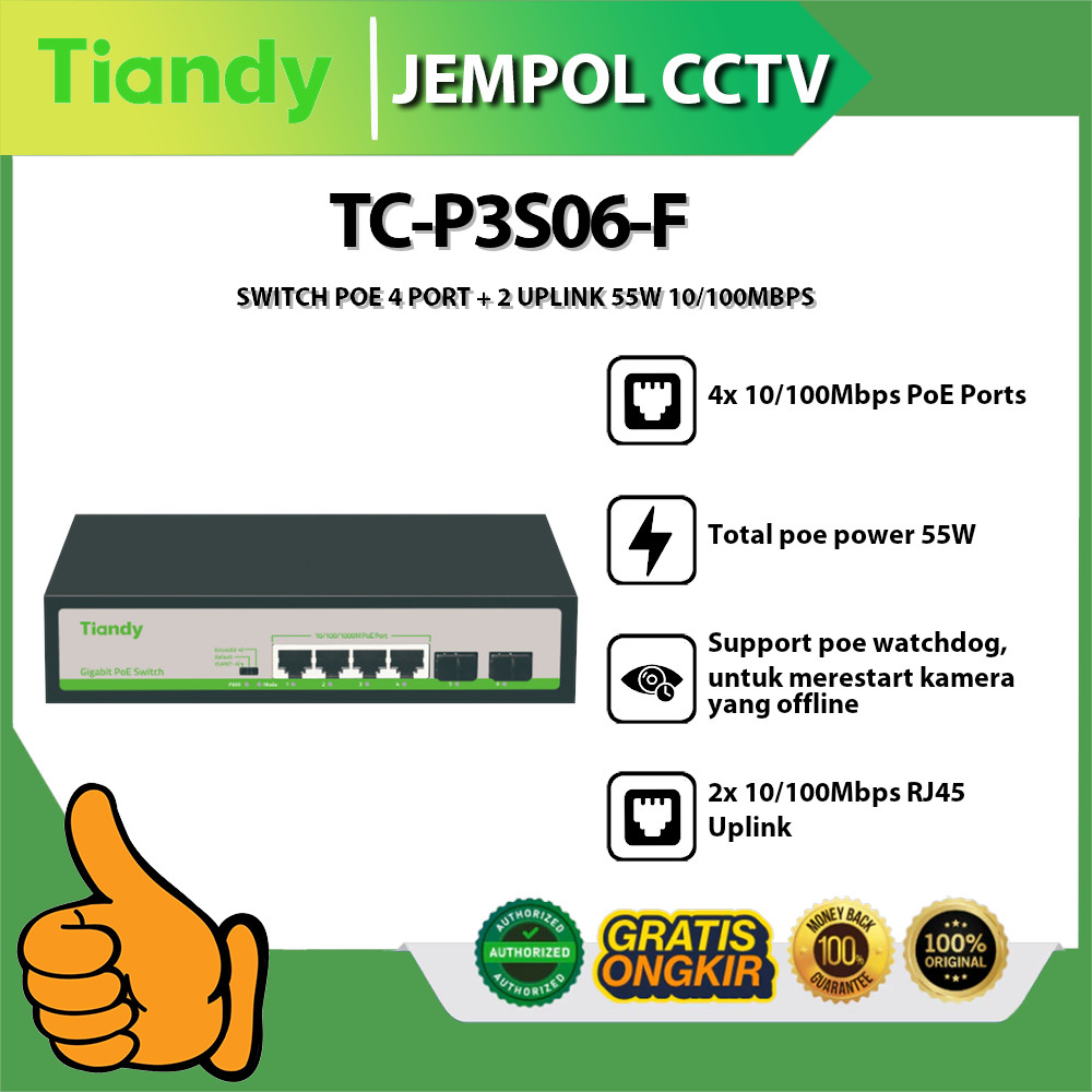 TIANDY TC-P3S06-F SWITCH POE 4 PORT + 2 UPLINK 55W 10/100MBPS