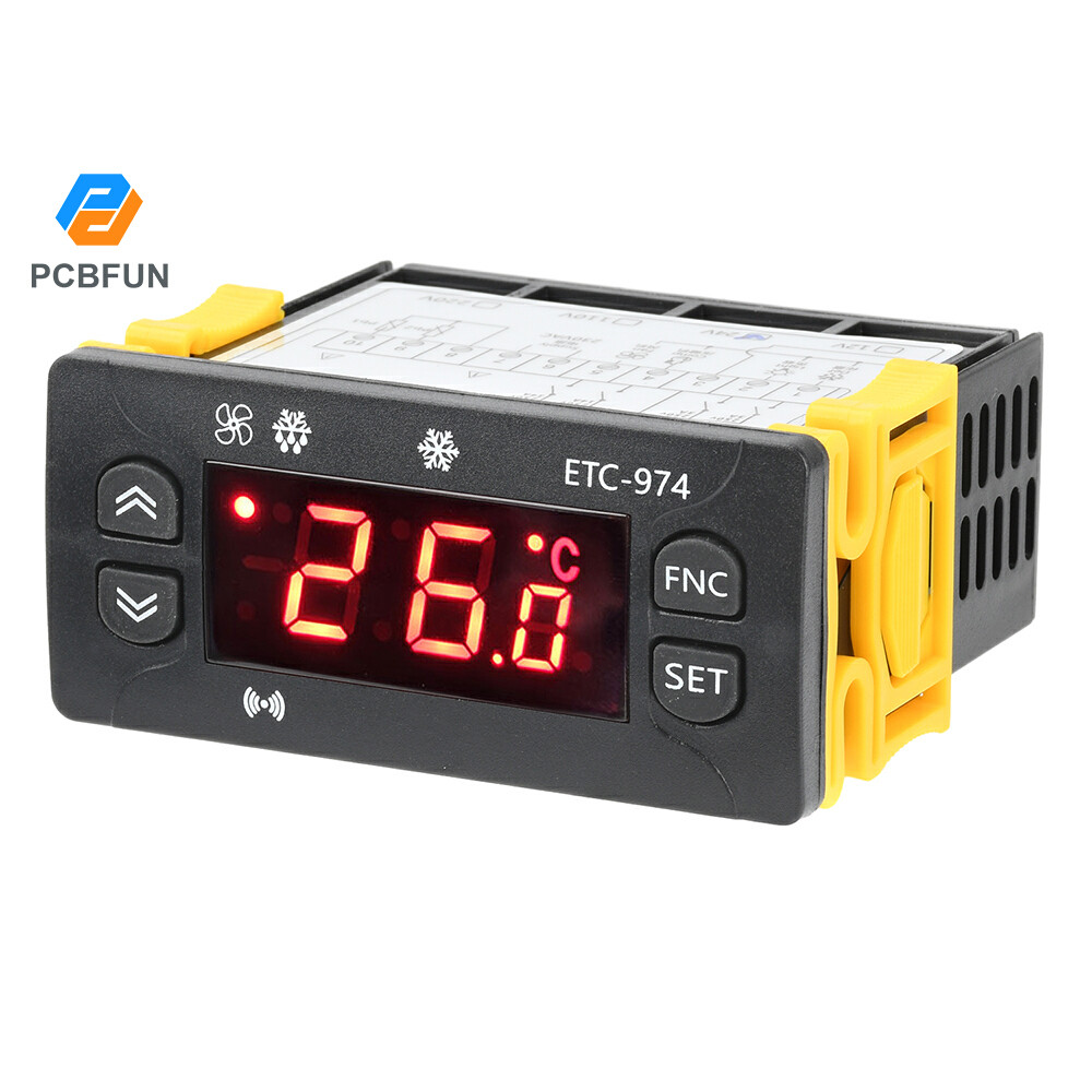 Pcbfun ETC-974 จอแสดงผลดิจิตอลอัจฉริยะควบคุมอุณหภูมิคอมเพรสเซอร์/ฟรอสต์/พัดลม -50~110°C DC 12V/24V AC 110V/220V