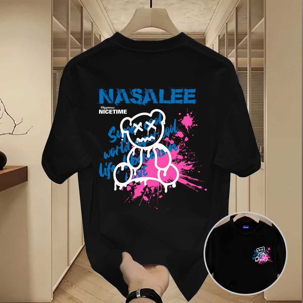 สไตล์ศิลปะเย็นอินเทรนด์ < NASALEE} เสื้อยืดพิมพ์ลายหมีหมึกสาด
