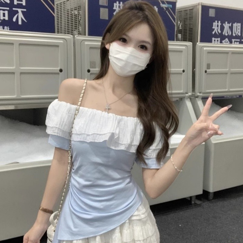 Mini shop🌸พร้อมส่ง🌸(56513) เสื้อไหมพรม เสื้อแฟชั่น แขนสั้น เข้ารูป เปิดไหล่ระบายสีพาสเทล - รูปที่ 5