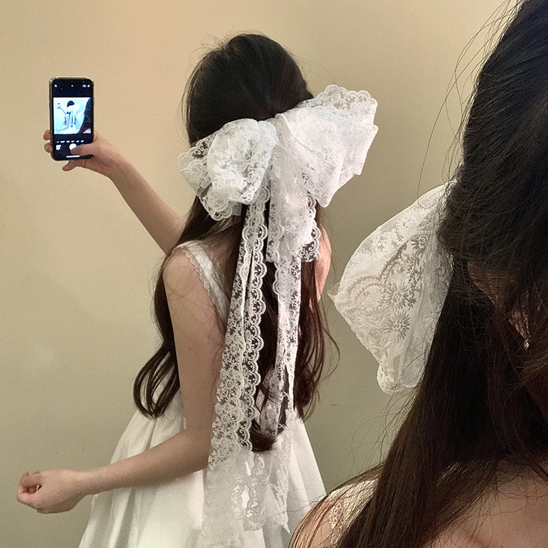 ลูกไม้ Super Fairy Bow Streamer Hairpin หญิงกลับหัวครึ่งผูกผมฤดูใบไม้ผลิคลิป High-End Hairpin อารมณ์หรูหรา Headdress