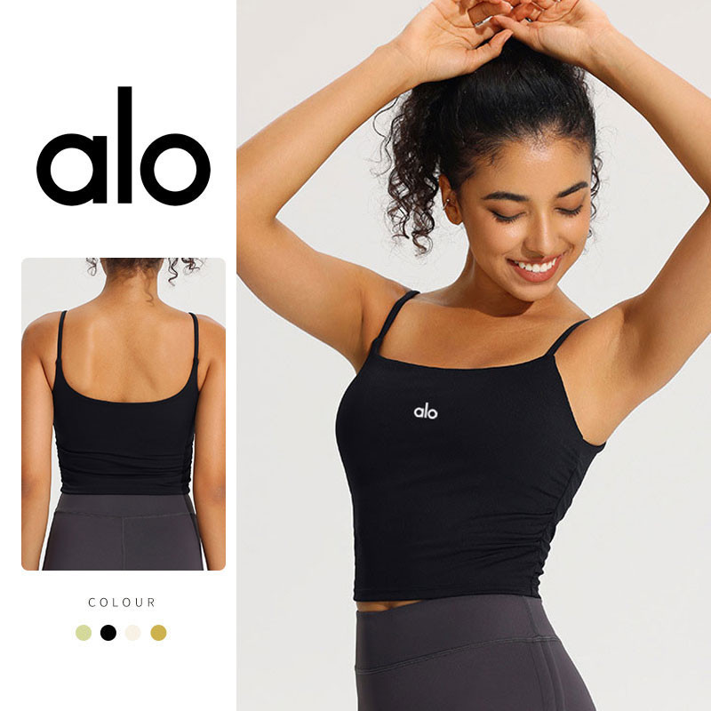 Alo Yoga เสื้อกั๊กโยคะสายคล้องไหล่บางถ้วยคงที่สำหรับผู้หญิง ยืดหยุ่น แห้งเร็ว เหมาะสำหรับการวิ่งและฝึกอบรบ
