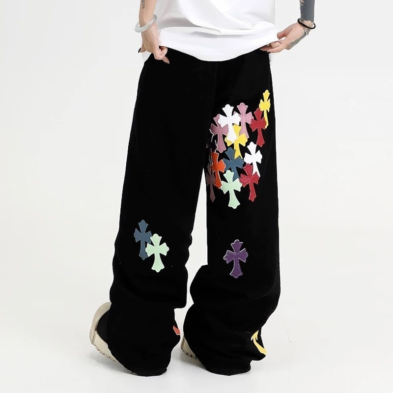 EERSHENSHI Unisex Rainbow Cross Patchwork กางเกงยีนส์ขากว้างแฟชั่นฤดูร้อนกางเกงลำลอง