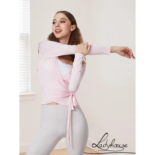(จัดส่งในกรุงเทพฯ)-Womens Cross Wrap Tie เสื้อแขนยาวลึก V คอสีทึบSlim Fit เสื้อยืดออกกำลังกาย