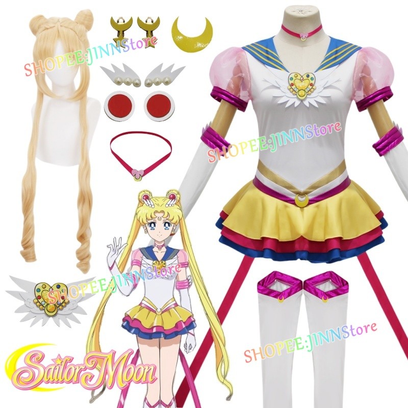 -JINN-อะนิเมะ SAILOR MOON COSMOS คอสเพลย์ TSUKINO USAGI วิกผมและชุดอุปกรณ์เสริมปาร์ตี้ Carnival เครื่องแต่งกาย