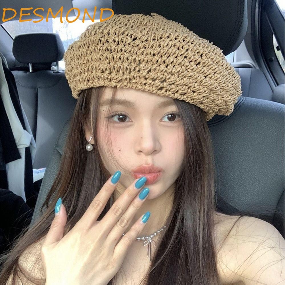 DESMOND หมวกสาน, Hollow Summer Straw Beret, French Handmade Vacation โครเชต์จิตรกรหมวกผู้หญิง