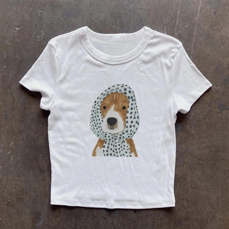 เสื้อยืดผู้หญิงแบบใหม่ เสื้อครอปสั้นเสื้อยืดลายหมาเล็กน่ารัก ใส่สบายและมีเสน่ห์เป็นพิเศษ