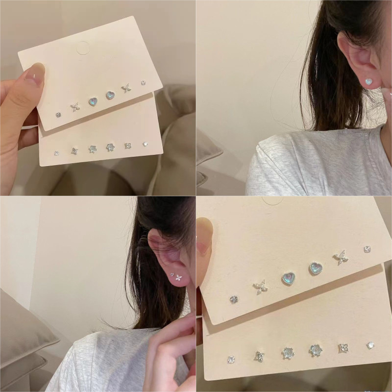 6 ชิ้น/ล็อตมินิน่ารักโอปอลหู Studs S925 ต่างหูชุบเงินเครื่องประดับอุปกรณ์เสริม