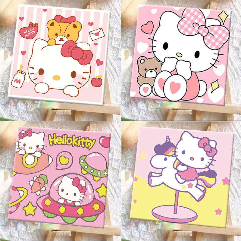 🔥ระบายสีตามตัวเลข Hello Kitty 20X20ซม ขึงเฟรมไม้พร้อมอุปกรณ์ ฝึกสมาธิ ของขวัญ DIY ภาพวาดสีน้ำมันดิจิตอลใส่กรอบ