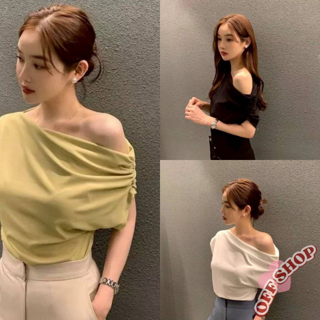 OFF SHOP ใหม่ 2025 เสื้อเปิดไหล่แขนสั้น เรียบหรูสไตล์มินิมอล ความงามทางปัญญา ' FYP13