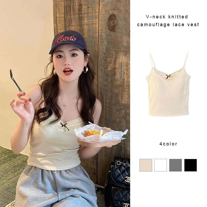 เสื้อตัวสั้นผู้หญิง เสื้อกล้ามถักคอวี  เสื้อชั้นในลูกไม้แขนกุด-MTY
