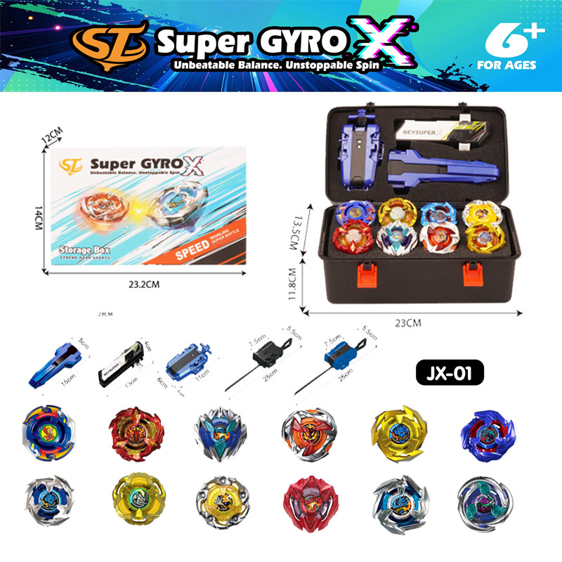 ชุดลูกข่างเด็ก superGYRO X ชุดนี้ประกอบด้วยลูกข่าง 12 อัน, เครื่องยิง, กล่องด้ามจับ ฯลฯ นับเป็นชุดที่ทรงคุณค่าที่สุด