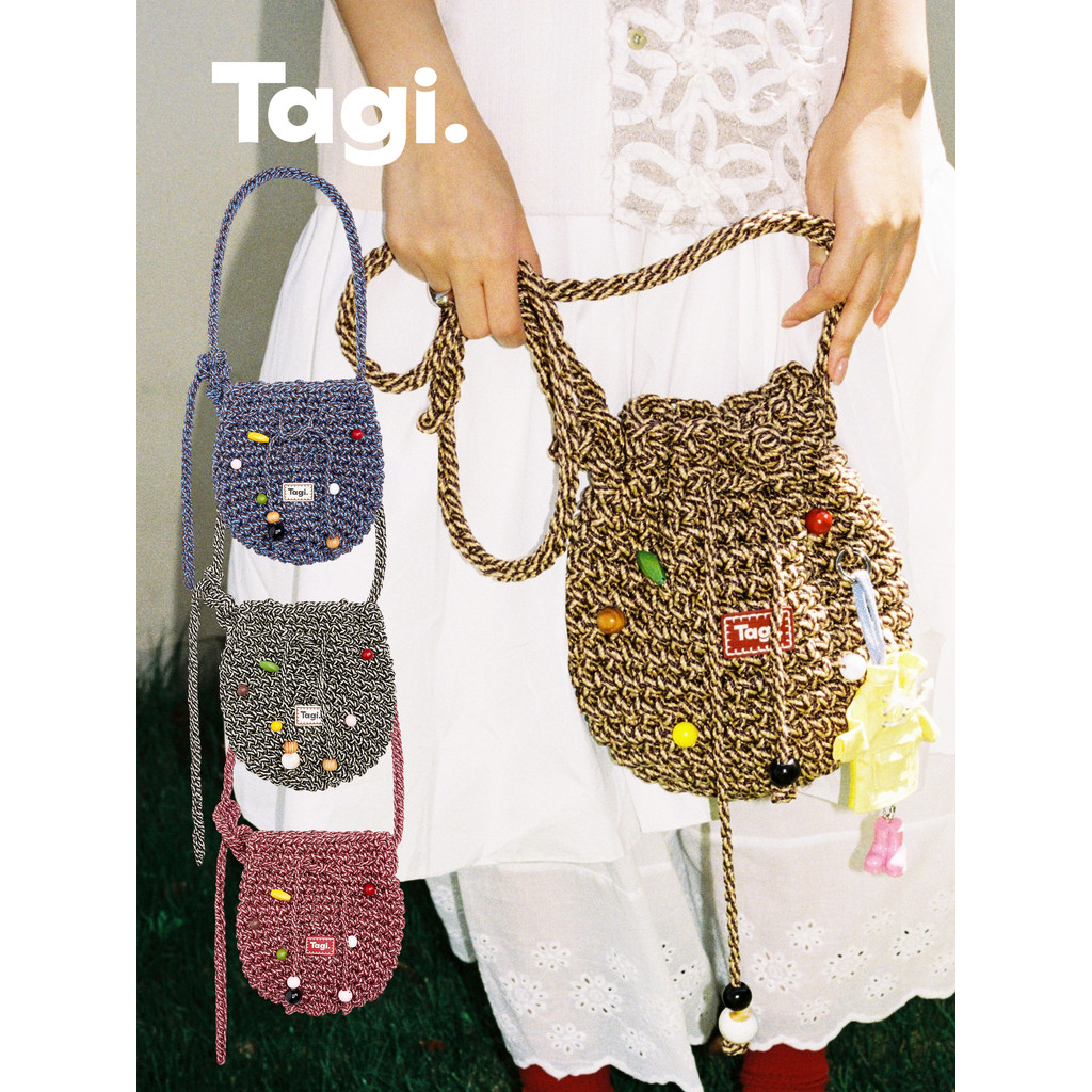 Tagi. Signal Fruit Woven Bucket Bag Vintage Adjustable Shoulder Crossbody กระเป๋าสานผลไม้ทรงถัง