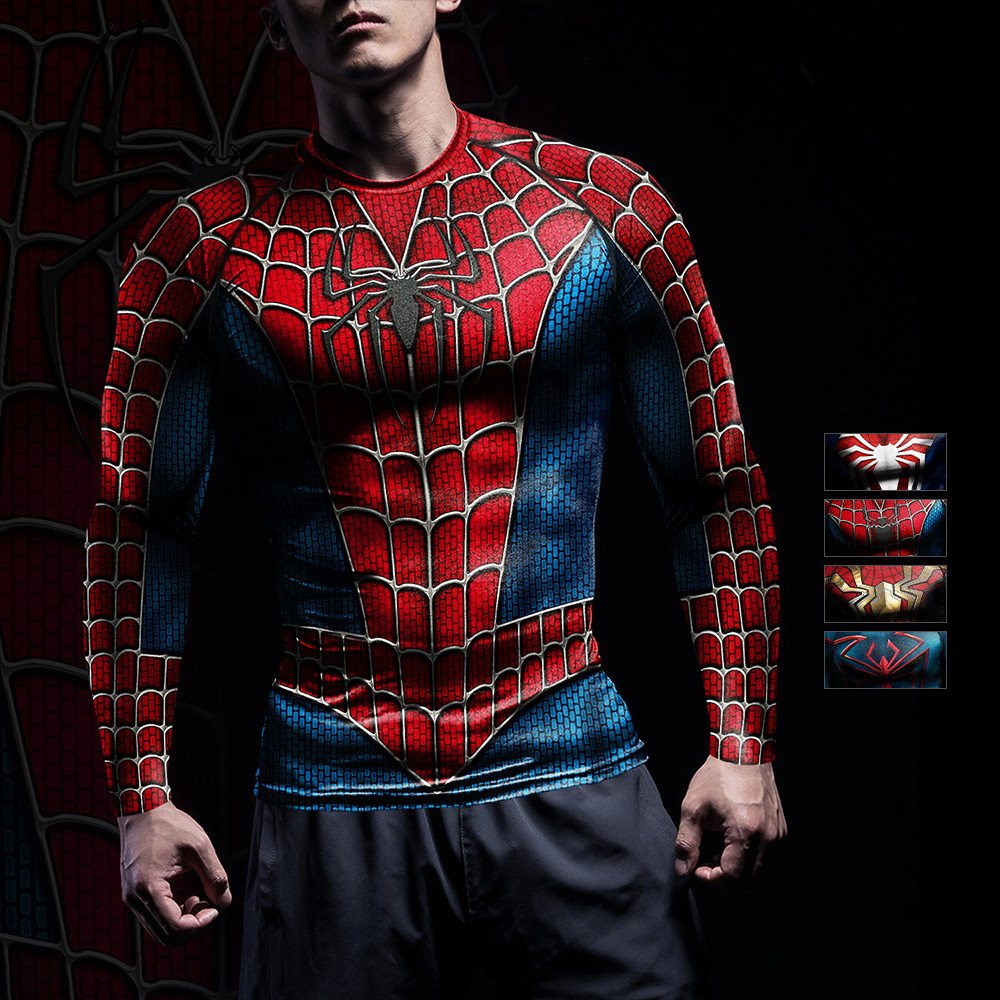 NADANBAO Rash Guards การบีบอัดเสื้อผู้ชายคอสเพลย์ Superhero Spider รูปแบบพิมพ์ออกกําลังกายเสื้อแขนยา