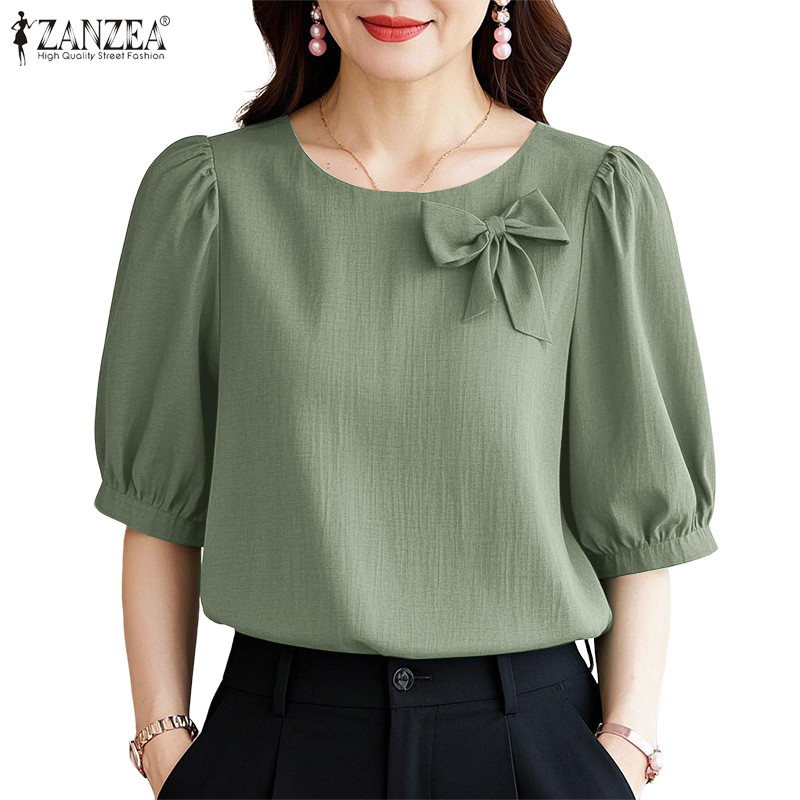 ZANZEA เสื้อเบลาส์คอกลมแขนพัฟแขนกลางหรูหราเกาหลีสําหรับผู้หญิง — صورة 4