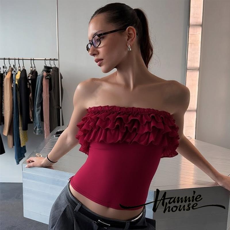 HANIE House- เสื้อกล้ามระบายสีทึบเปิดไหล่สําหรับผู้หญิง