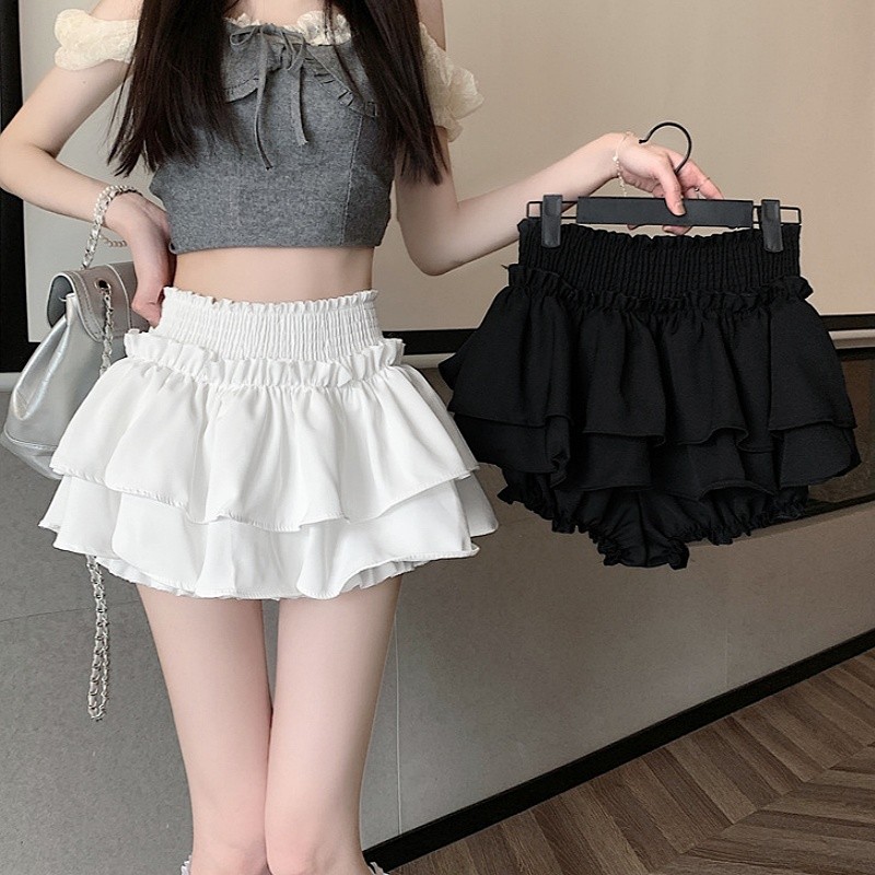 Kaekai พร้อมส่ง กระโปรงสั้น เอวยางยืด ทรงขนมชั้น แบบเลเยอร์ 2 ชั้น สไตล์เกาหลี ผ้าคอตตอน มีซับในกางเกงแบบจั๊ม