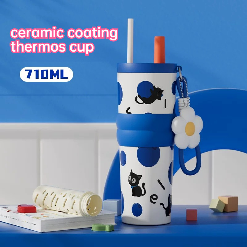 【LUCKY】Bigcar เคลือบเซรามิกซับกระติกน้ําร้อนถ้วย316สแตนเลสขนาดใหญ่-ความจุถ้วยน้ําน้ําแข็ง-เก็บถ้วยรถถ้วยกาแฟที่มาพร้อมกับถ้วยฉนวนกันความร้อนขวดน้ําถ้วยฟาง710ml