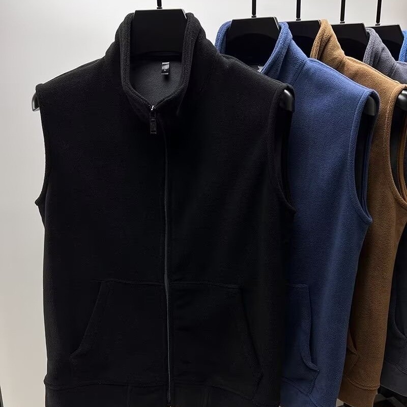 ยืนขึ้นปกเสื้อกั๊กผู้ชายฤดูใบไม้ร่วงและฤดูหนาวหนาแขนกุดสองด้านกํามะหยี่คาร์ดิแกนแจ็คเก็ต - รูปที่ 3