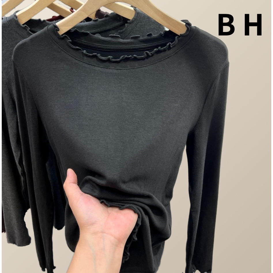Bh ฤดูใบไม้ร่วงฤดูหนาวสุภาพสตรี Modal เสื้อยืดแขนยาวขอบหูไม้รอบคอสีทึบเสื้อฐาน