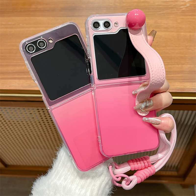 Fold Case สําหรับ SAMSUNG Z Flip3 Flip4 Flip5 Flip6 สองด้าน IMD โปร่งใสไล่ระดับสีกุหลาบสีชมพูสร้อยข้