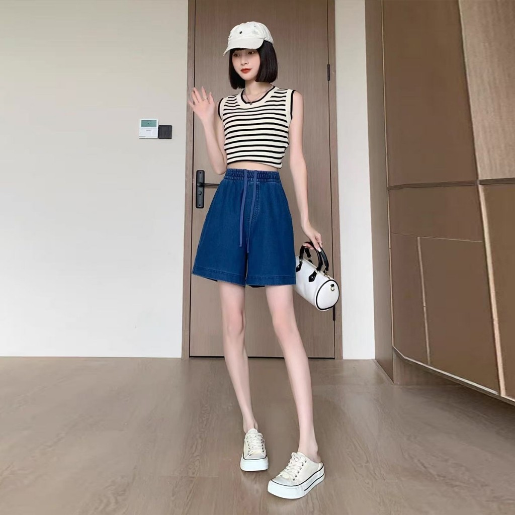 BUBPA(พร้อมส่งบางสี)🔥Shorts กางเกงขาสั้นสียีนส์เอวสม็อค No.460